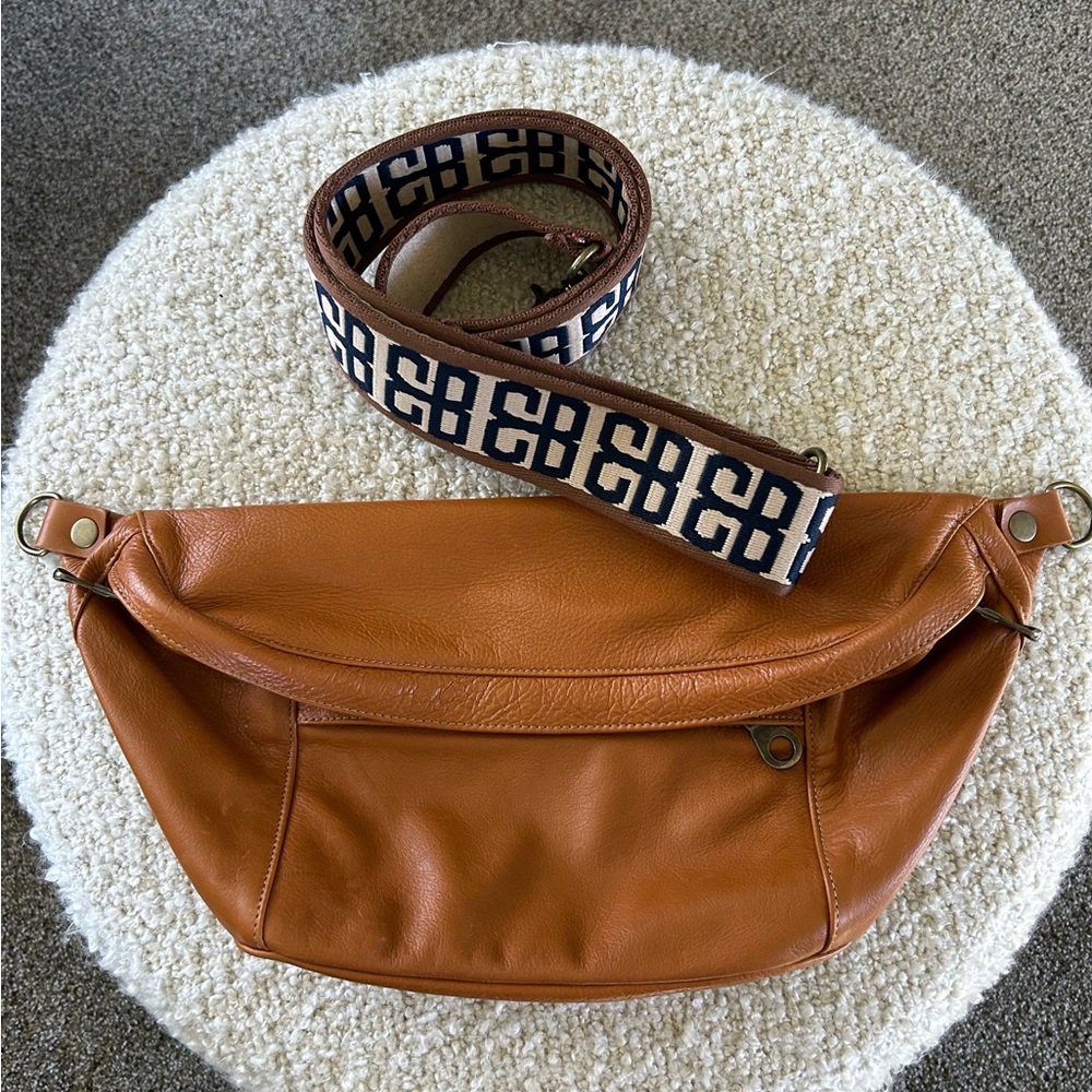 Brown Leather Belt Bag with Patterned Strap
